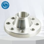 Polished weld neck flange with raised face and eight bolt holes