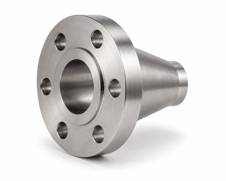 Brida de cuello soldado ASTM A182 F304Lacero inoxidable principal del producto que muestra el cuello de soldadura y la cara de la brida. 304l Stainless Steel Weld Neck Flange, main product view showing weld neck and flange face