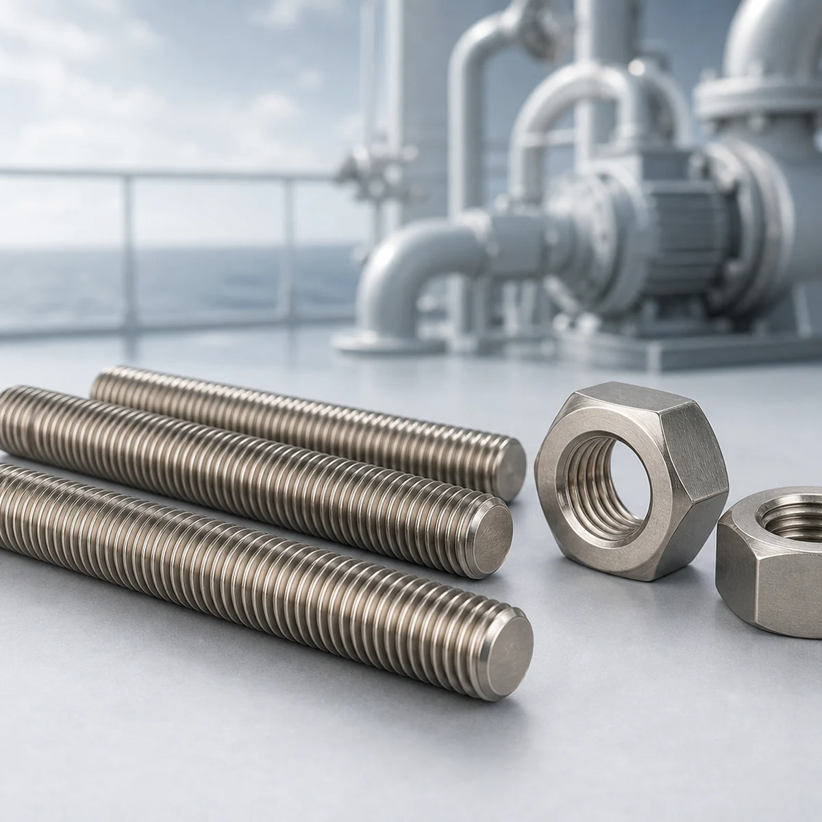 Monel 400 UNS N04400 Nickel-Kupfer-Marine-Stehbolzen mit Vollgewinde und schweren Sechskantmuttern Monel 400 UNS N04400 nickel copper marine fully threaded stud bolts with heavy hex nuts