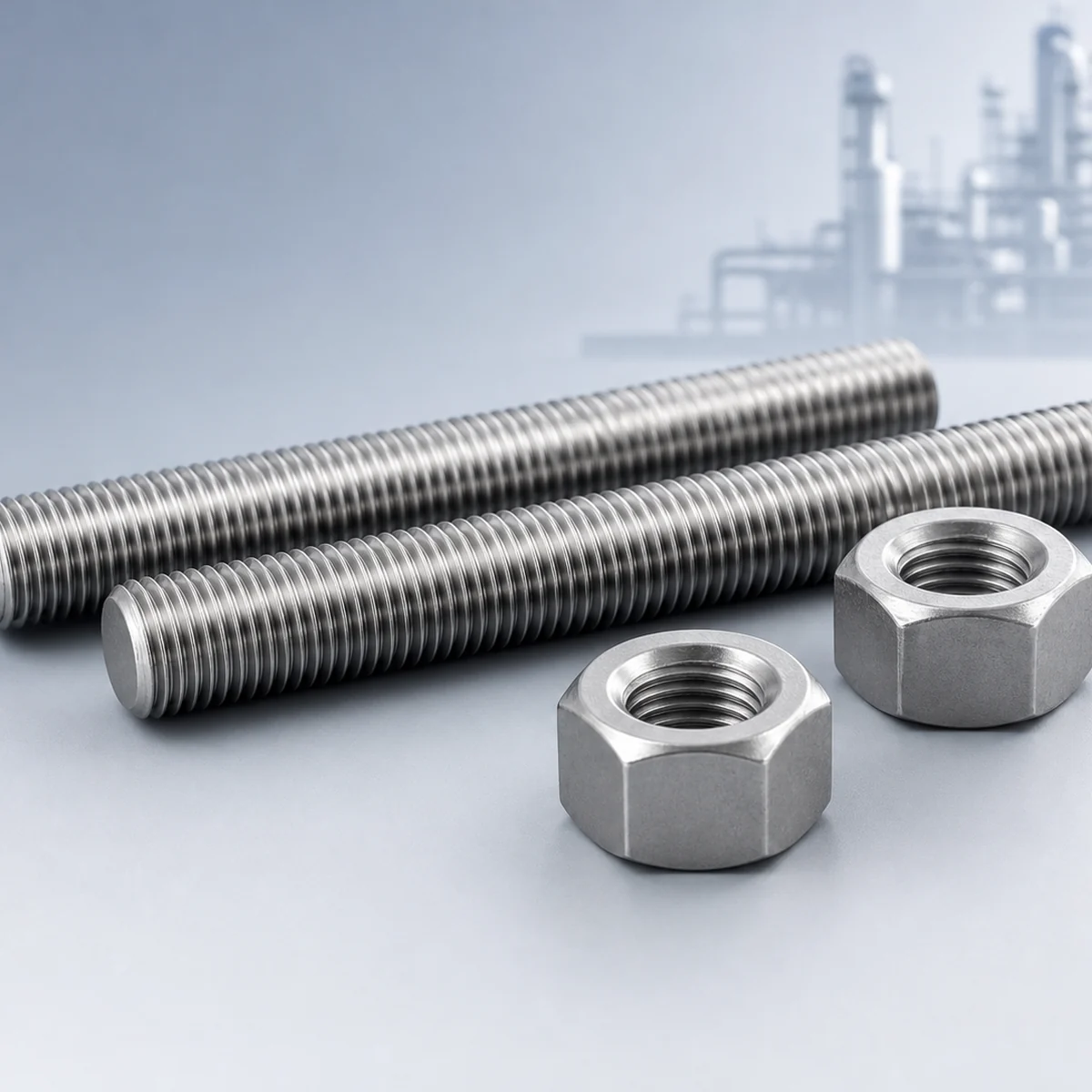 Dubleks 2205 UNS S31803 S32205 eşleşen ağır altıgen somunlu tam dişli saplamalar Duplex 2205 UNS S31803 S32205 fully threaded stud bolts with matching heavy hex nuts