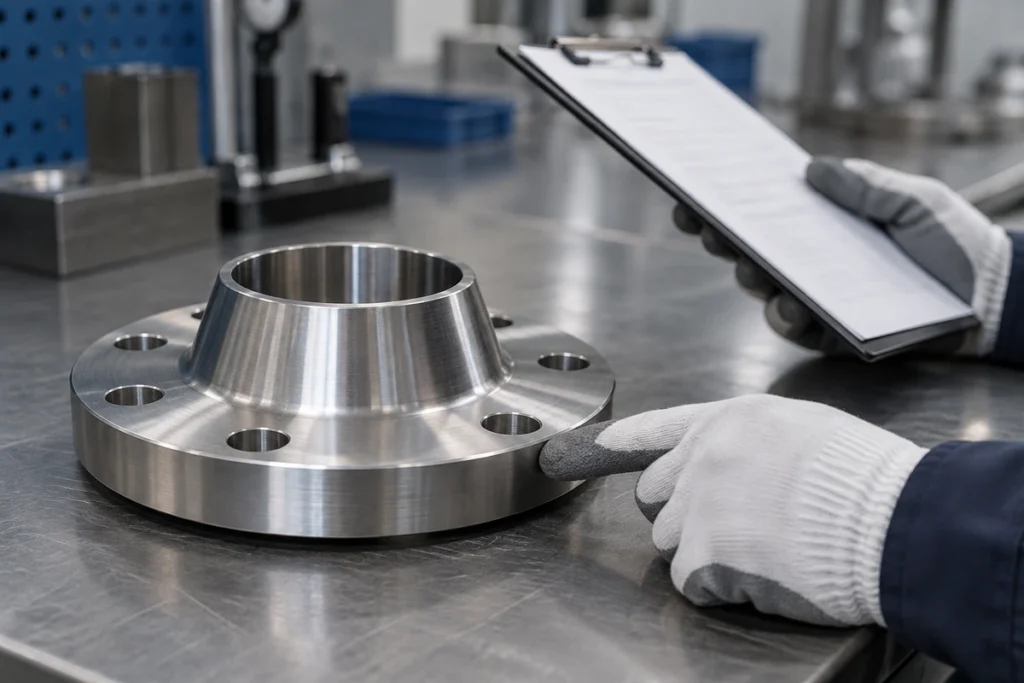 Weld neck flange on an inspection bench beside gloved hands holding a clipboard