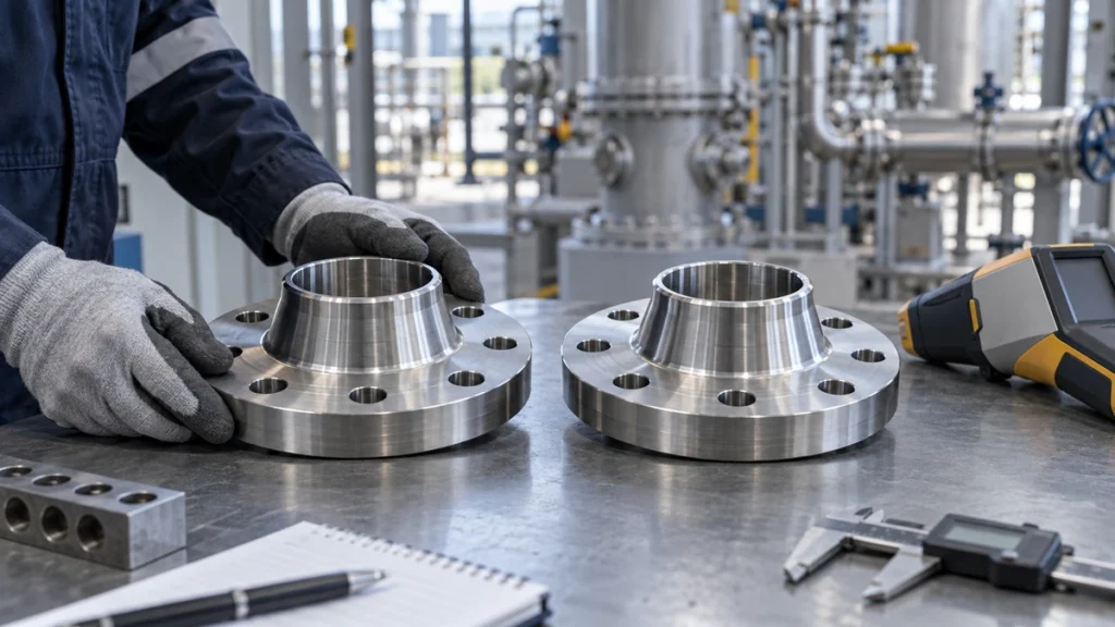 317L and 316L stainless steel flanges in an industrial material inspection setting