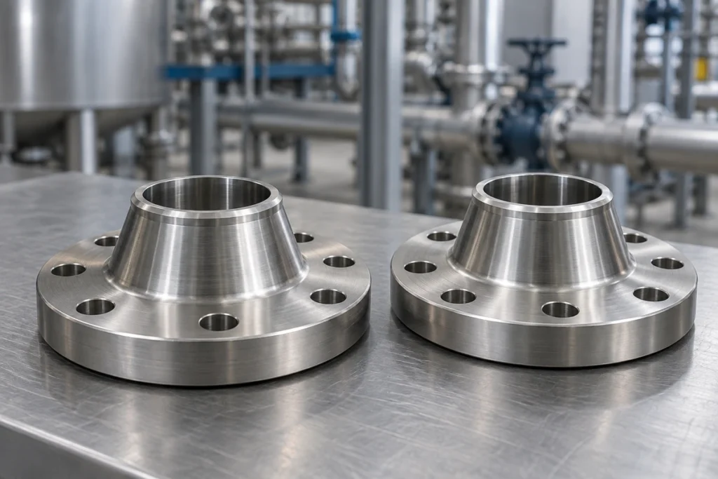 Two machined weld neck flanges on an inspection bench with process piping in the background