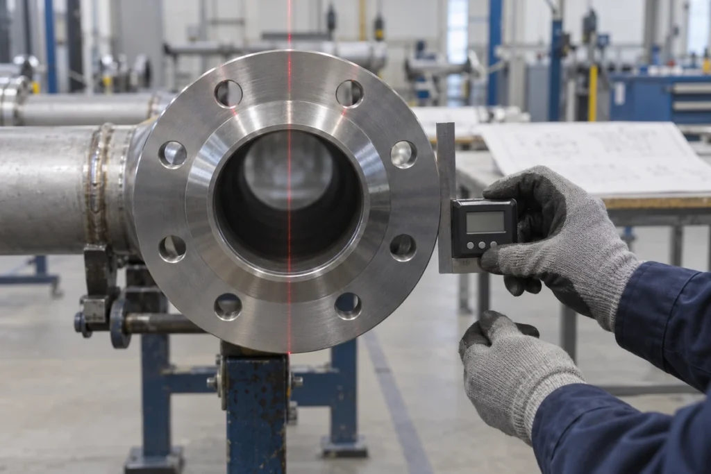 Technician checking weld neck flange bolt hole orientation against a laser centerline