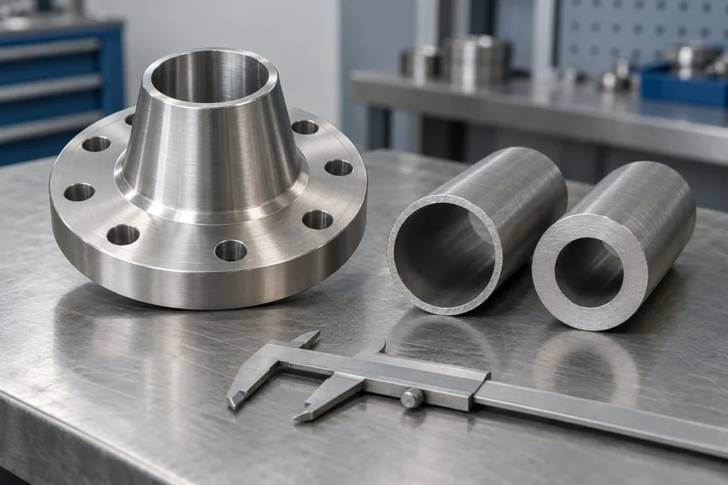 Stainless steel weld neck flange beside two pipe samples with different wall thicknesses and a caliper