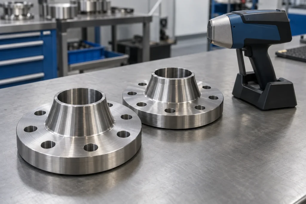 Stainless steel weld neck flanges beside a handheld XRF analyzer on an inspection bench
